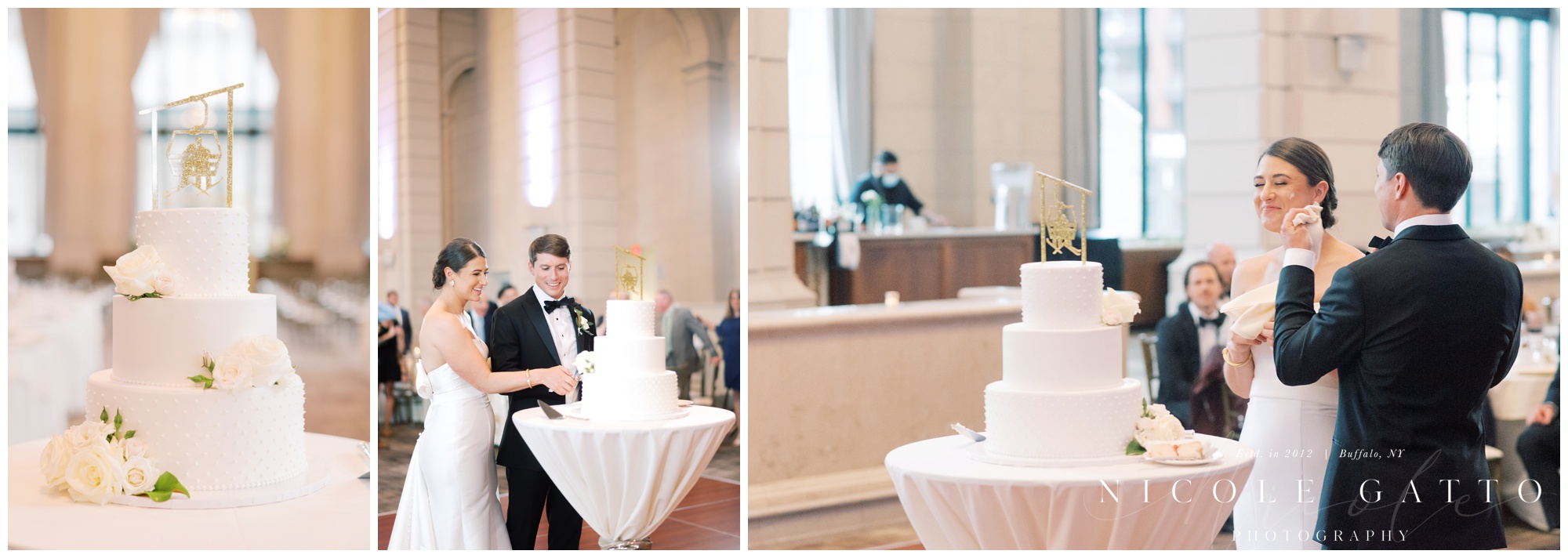 bride and groom cutting cake
